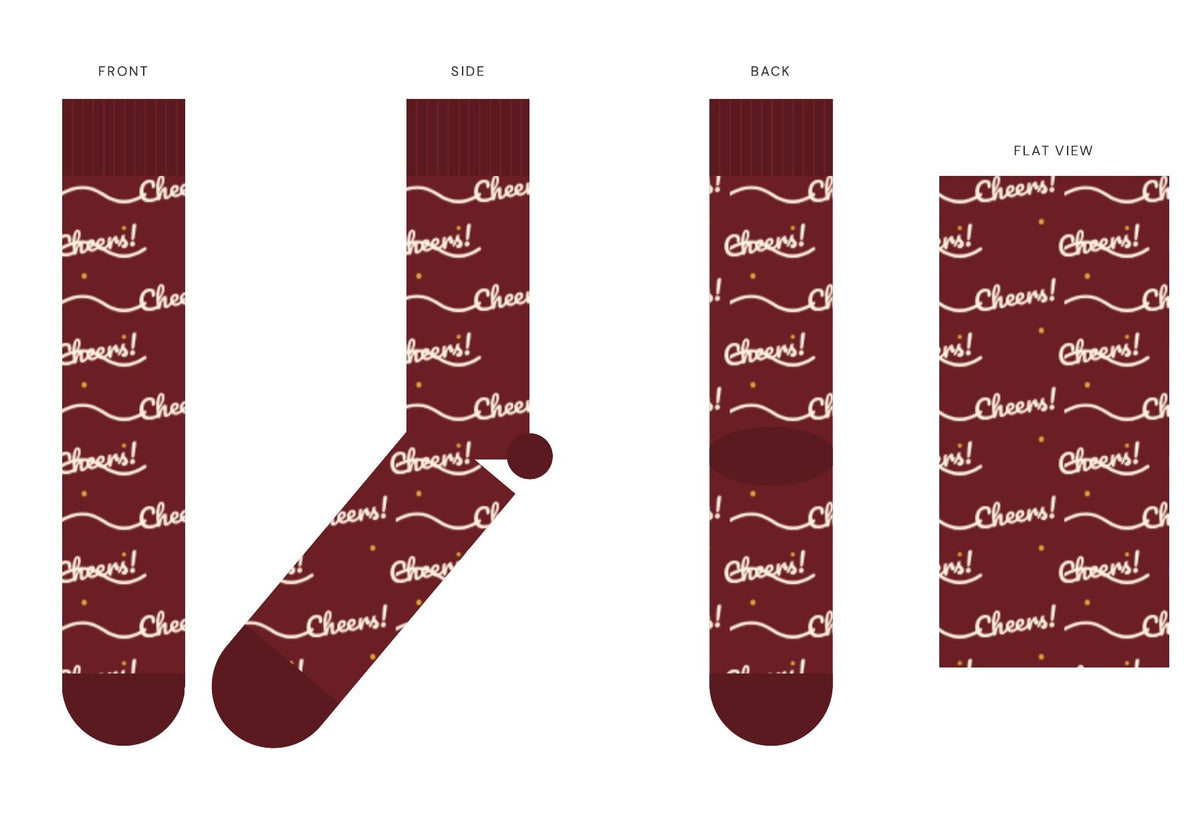 Cheers beer socks design: front, side, back and flat views of the ruby sock with cream "Cheers!" script and a dark ruby cuff, heel and toe