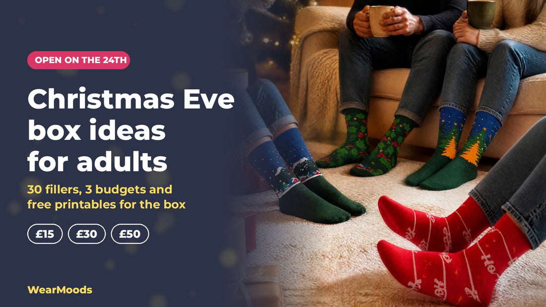 Friends in Christmas socks with hot drinks on Christmas Eve