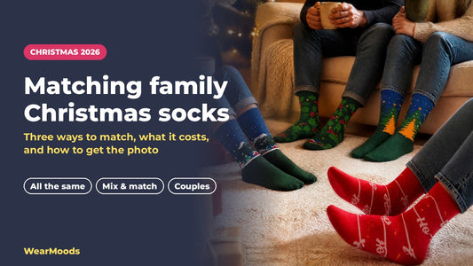 A family on the sofa wearing matching WearMoods Christmas socks