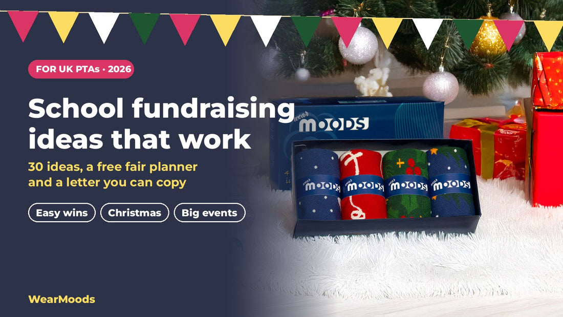 School fundraising ideas that work, with a box of Christmas socks under a tree