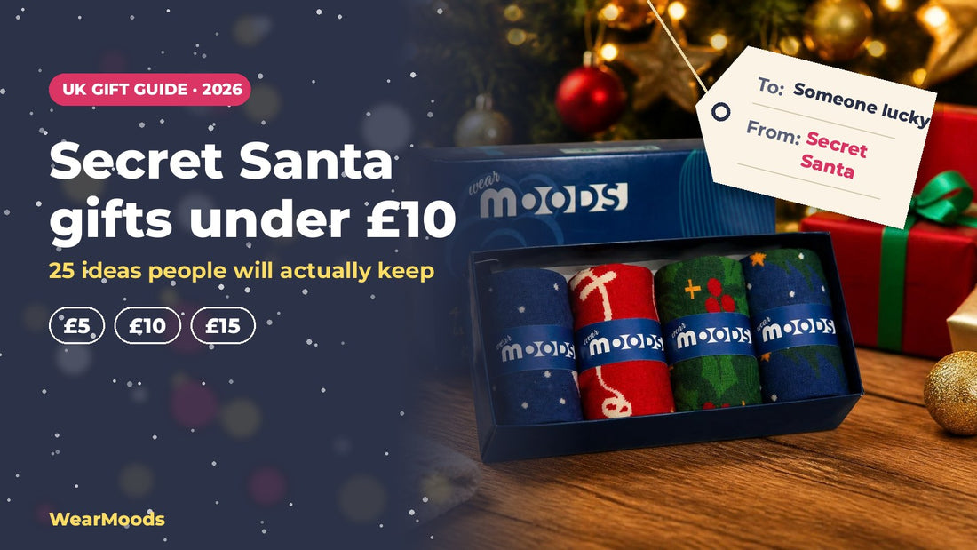 Secret Santa gifts under £10: WearMoods Christmas socks gift box under the tree with a Secret Santa gift tag