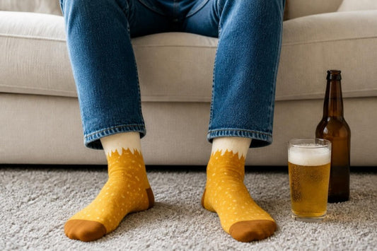 Golden Pint beer socks: amber lager socks with a cream foam cuff, worn by a seated man in jeans beside a glass of lager and a beer bottle