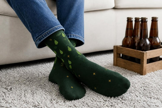 Hop Field beer socks: forest green socks with hop cones and gold sparkles, ankles crossed on a grey rug beside a crate of beer bottles