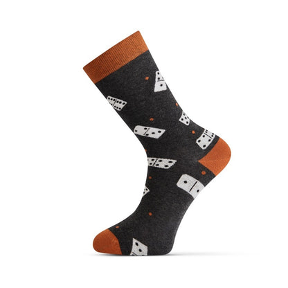 WearMoods Domino socks – charcoal grey crew sock with white domino tiles and burnt-orange cuff, heel and toe