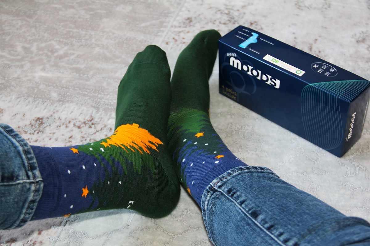 Starry Forest Christmas socks – night-sky pines and one glowing gold tree
